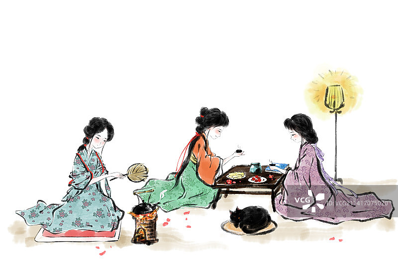 水墨风仕女图-围炉煮茶图片素材