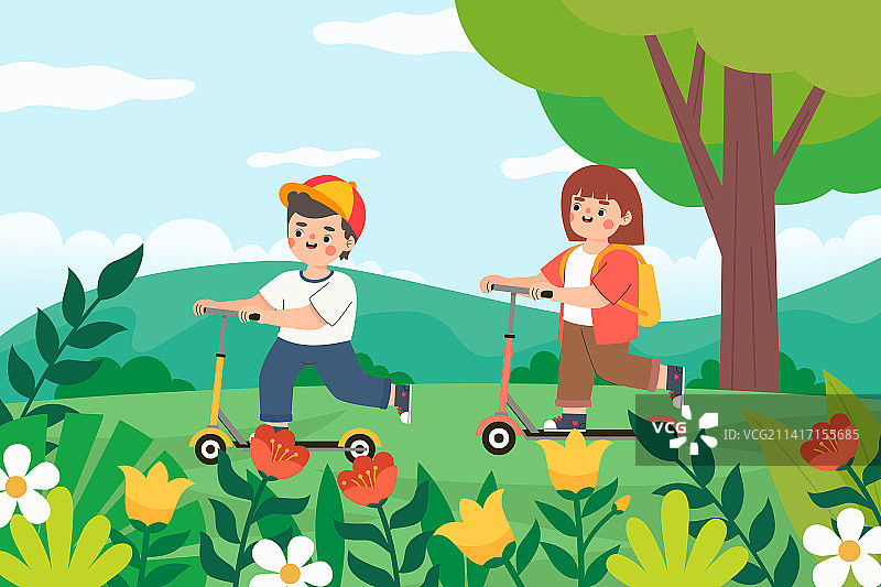 春天小朋友户外滑滑板车矢量插画图片素材