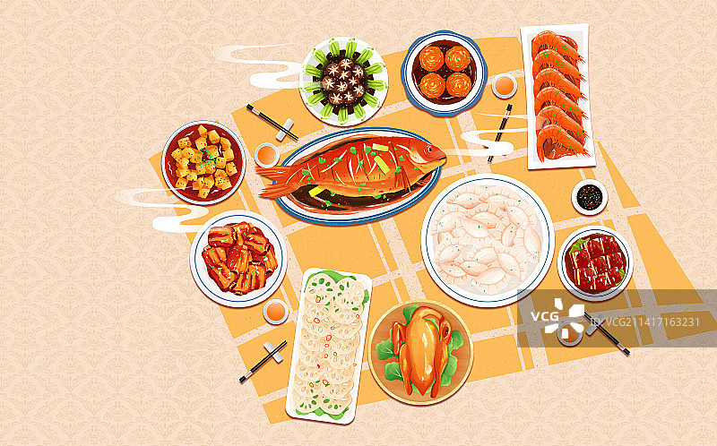 新年春节除夕团圆年夜饭美食插画海报图片素材
