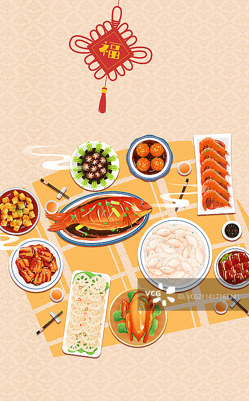 新年春节除夕团圆年夜饭美食插画海报图片素材