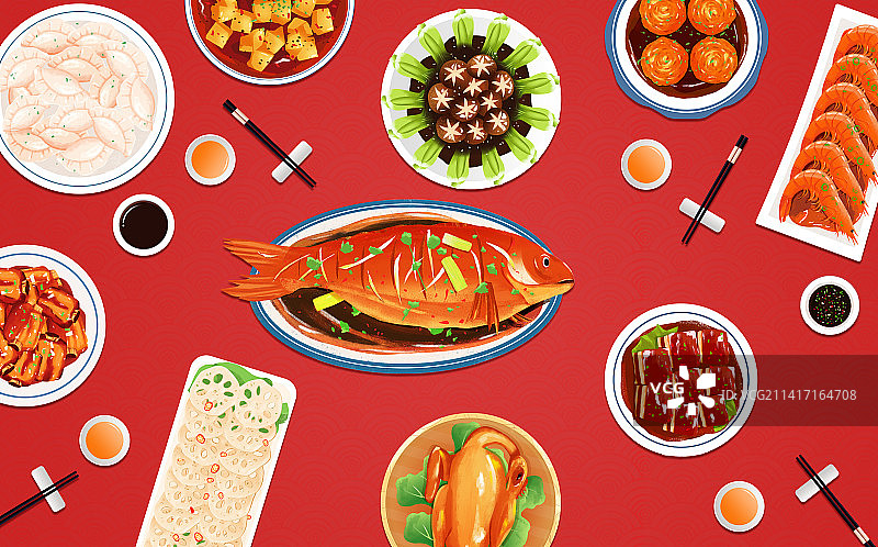 新年春节除夕团圆年夜饭美食插画海报图片素材