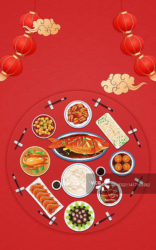新年春节除夕团圆年夜饭美食插画海报图片素材