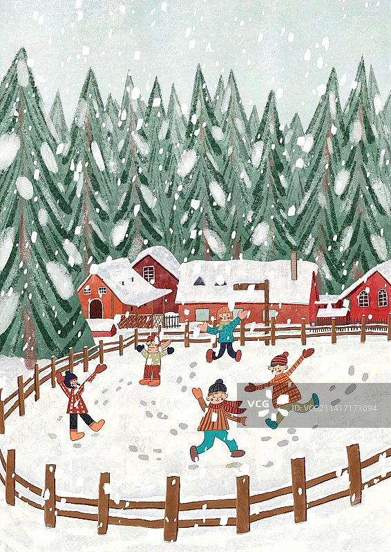 二十四节气冬季雪地里玩耍插画图片素材