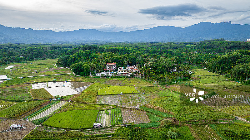 航拍保亭七仙岭脚下的农田和村民的小别墅，一派田园风光图片素材