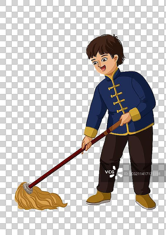 春节男人扫房子中国风欢乐插画图片素材