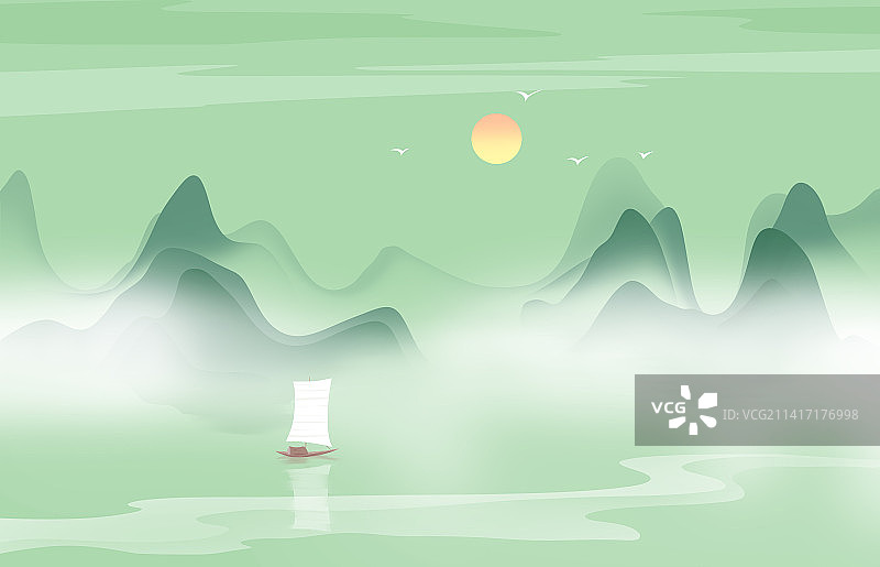 绿色新中式风格水墨山水风景插画图片素材