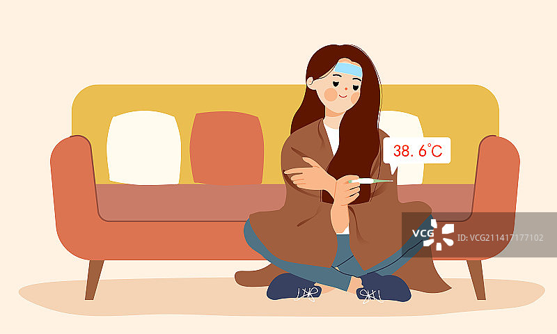 感冒发烧测体温的女生图片素材