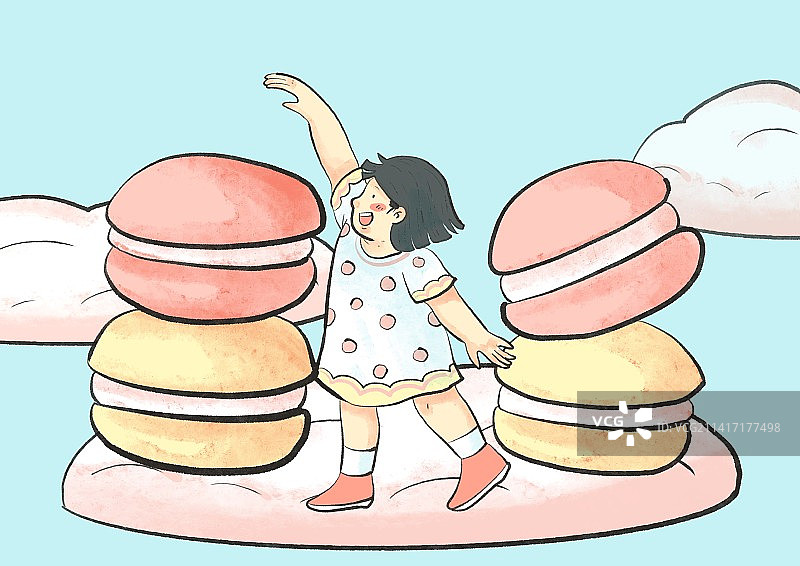 胖胖小女孩爱吃马卡龙图片素材