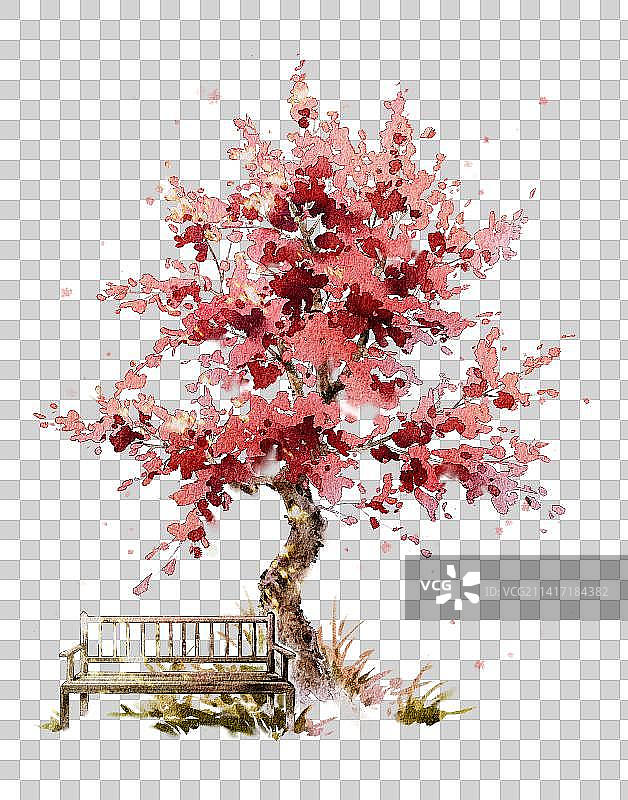 枫树与长椅-水彩水墨插画元素图片素材
