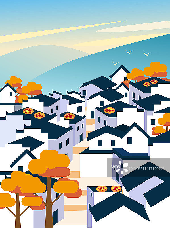 江西婺源风景建筑扁平风矢量城市插画图片素材