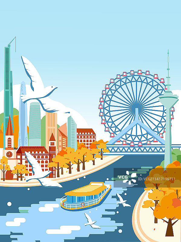 天津风景建筑扁平风矢量城市插画图片素材