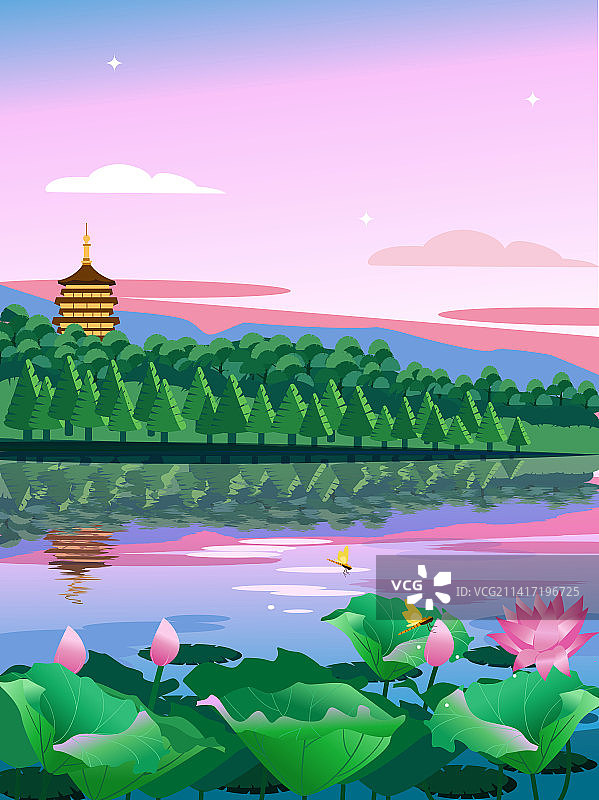 浙江杭州风景建筑扁平风矢量城市插画图片素材