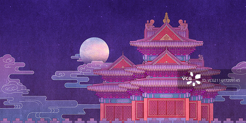 北京 故宫 角楼 夜景 插画 工笔画 古建筑 国潮 紫色 梦幻 唯美图片素材