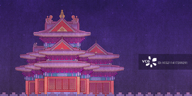 手绘 北京 故宫 角楼 夜景 插画 工笔画 古建筑 国潮 紫色 梦幻 唯美图片素材
