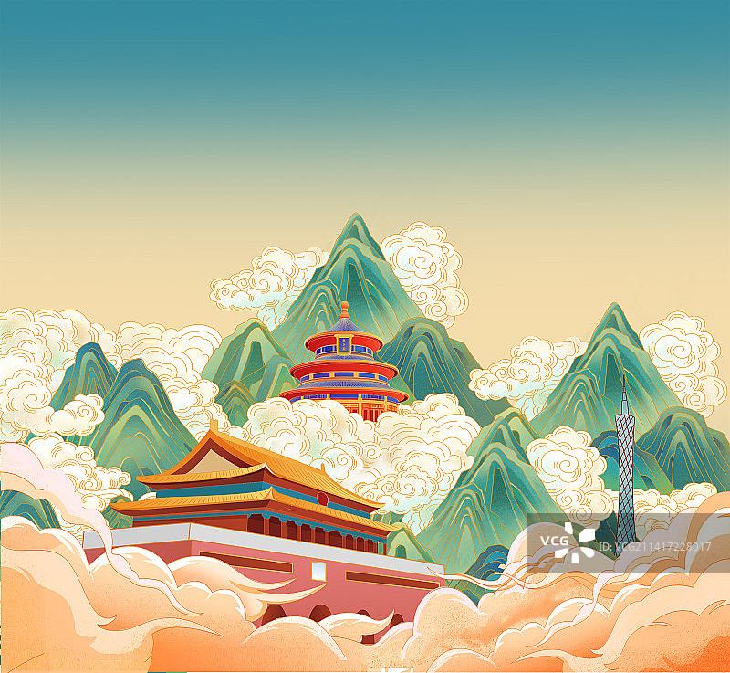国潮风格中国传统文化建筑山水插画图片素材