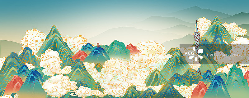 国潮风格中国传统文化建筑山水插画图片素材