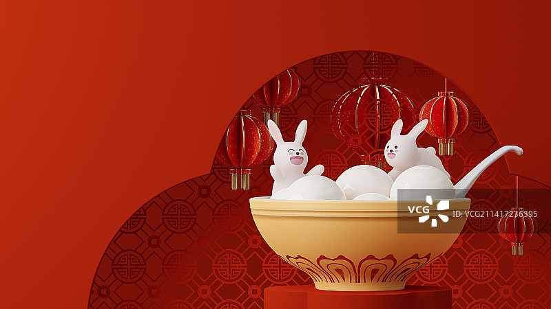 3D渲染兔年元宵节主题插画图片素材