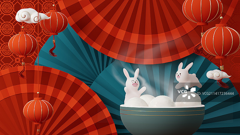 3D渲染兔年元宵节主题插画图片素材