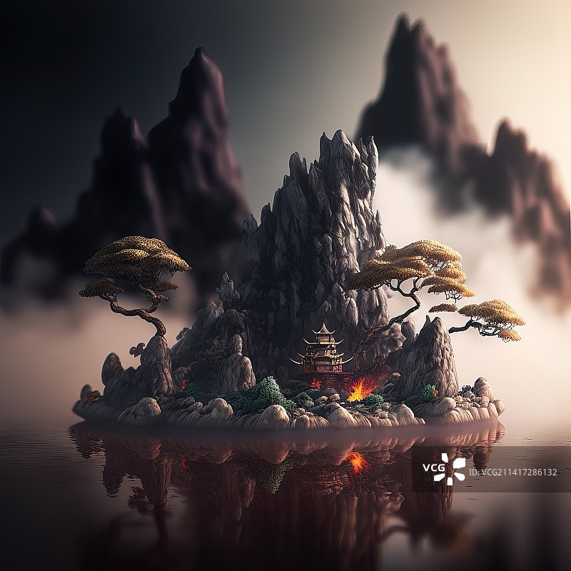 中国风山水古建微缩景观图片素材