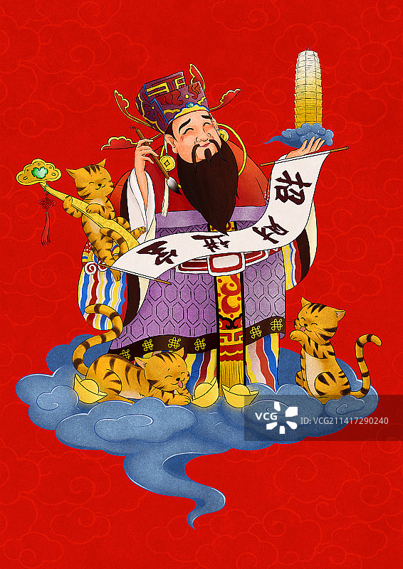 脚踏祥云手捧福地手绘招财进宝的文财神比干带着三只小猫和如意来送财图片素材
