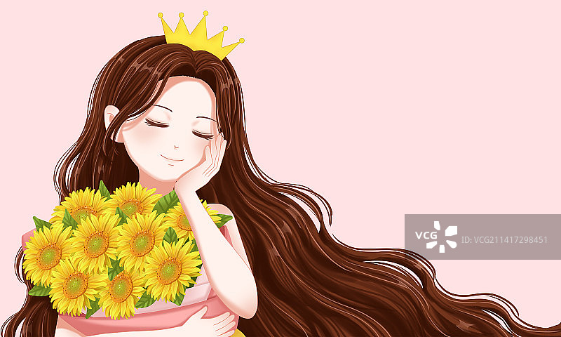 妇女节戴王冠拿着花的女孩图片素材