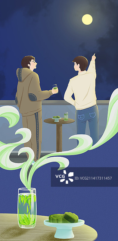 中秋节朋友赏月品茶愉快聊天插画图片素材