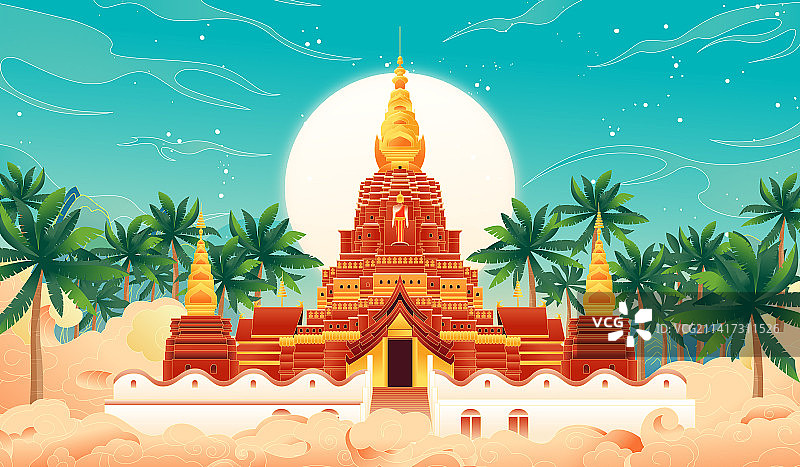 国风云南西双版纳城市地标告庄西金塔矢量插画图片素材