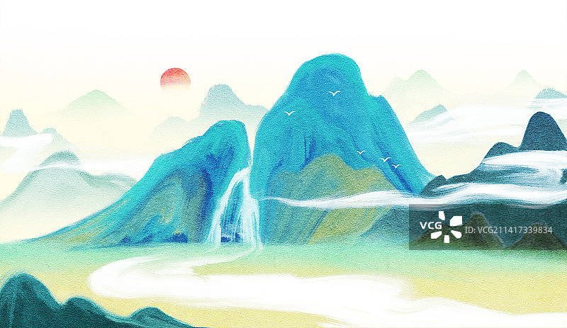 新中式风格青绿山水风景插画图片素材