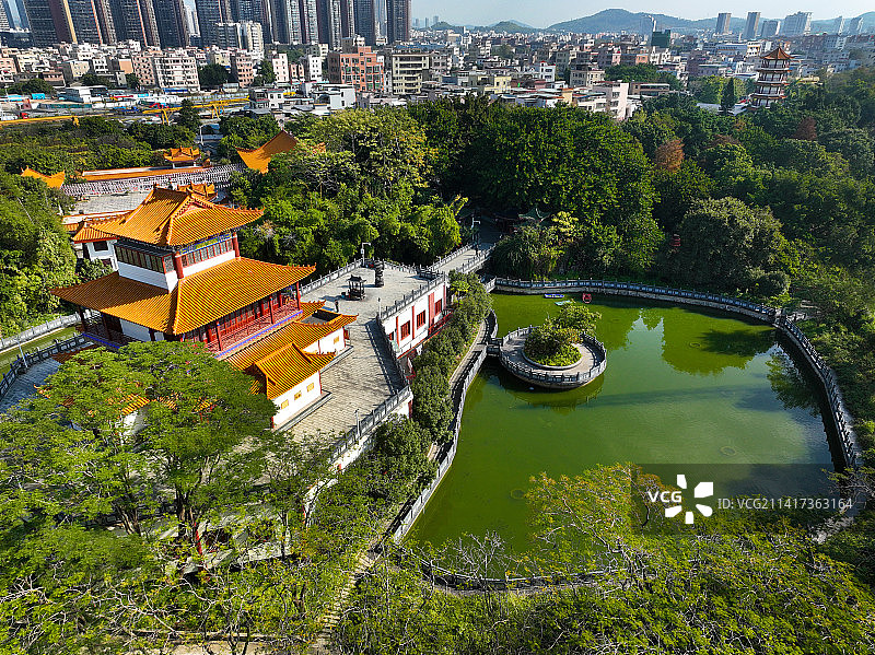 广东省深圳市龙岗区龙园公园龙兴寺航拍图片素材