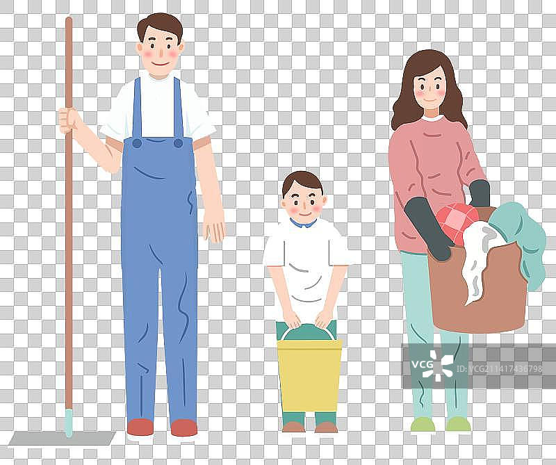 一家三口亲子互动做卫生大扫除清洁家庭温馨生活方式插画图片素材