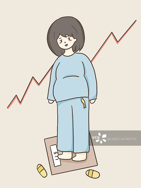 年轻女人站在体重秤上称重插画图片素材