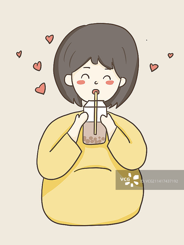 双手喝奶茶的年轻女孩插画图片素材