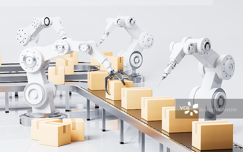 机械臂与流水线作业场景3D渲染图片素材