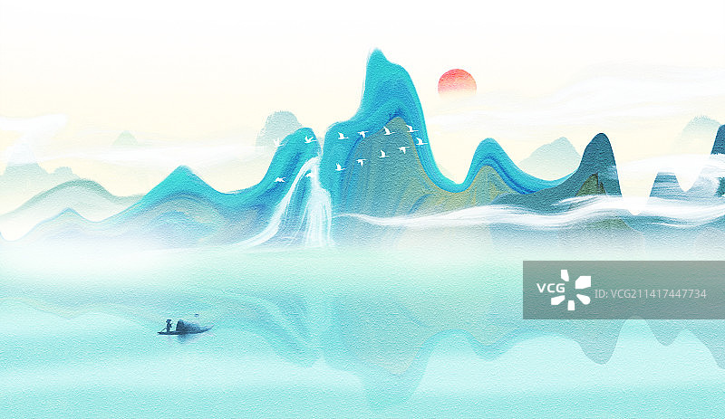 新中式风格青绿山水风景插画图片素材