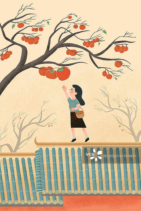 房顶上的小女孩儿摘柿子图片素材
