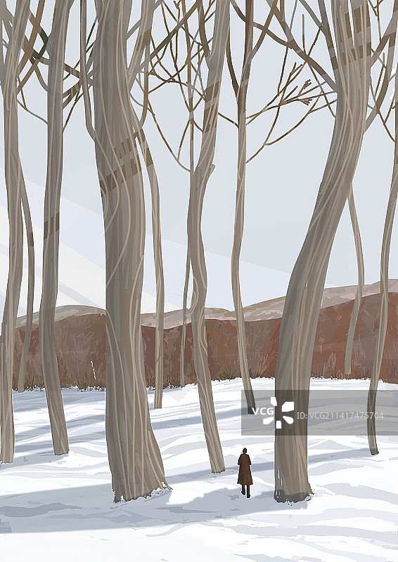 一个人在冬日树林漫步图片素材