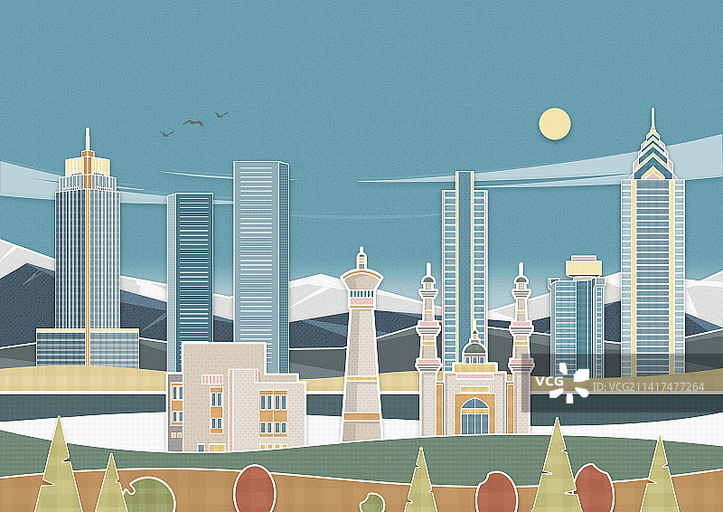 新疆乌鲁木齐市地标建筑插画图片素材