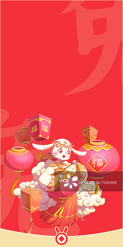穿着汉服的兔子坐在云上点红灯笼图片素材
