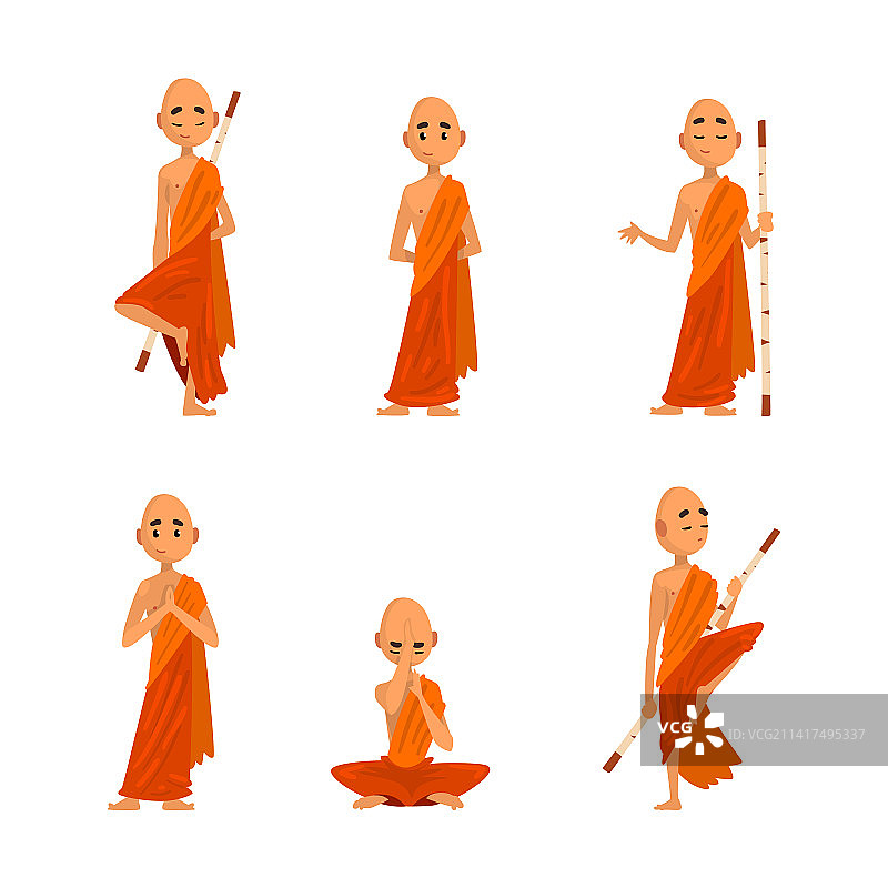 身穿橙色长袍、手持木棍的佛教僧侣图片素材