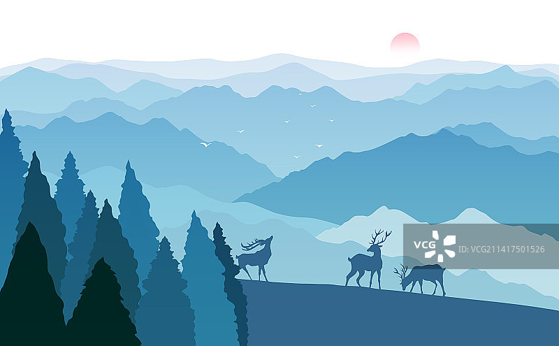 梦幻新中式风格山林风景鹿与飞鸟背景插画图片素材