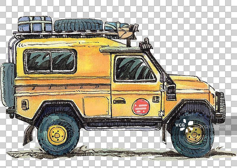 插画水彩手绘钢笔淡彩复古探险冒险黄色越野车旅行车赛车汽车图片素材