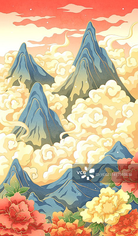 牡丹山脉祥云国潮风插画图片素材