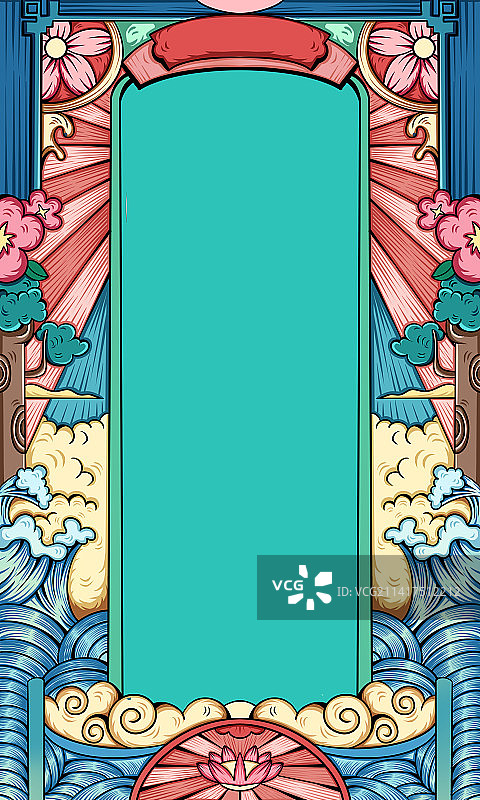 中国风浪花植物插画背景图片素材