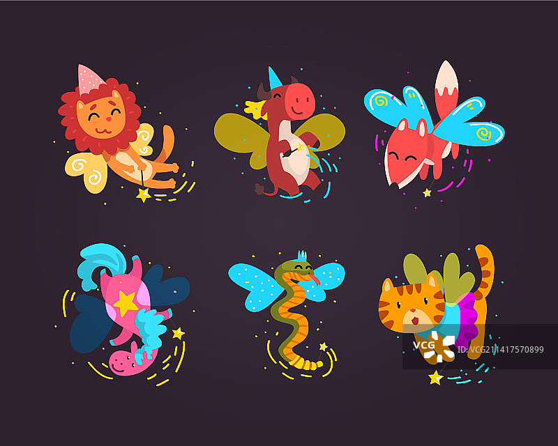 挥舞魔法棒飞行的带翅膀的动物角色图片素材