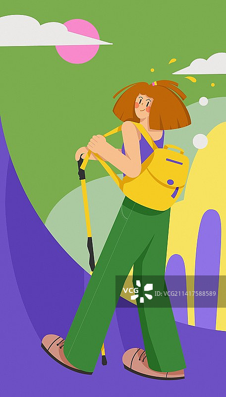 徒步爬山攀登运动锻炼户外远足体育健身女孩自然野外露营野营旅游旅行扁平插画图片素材