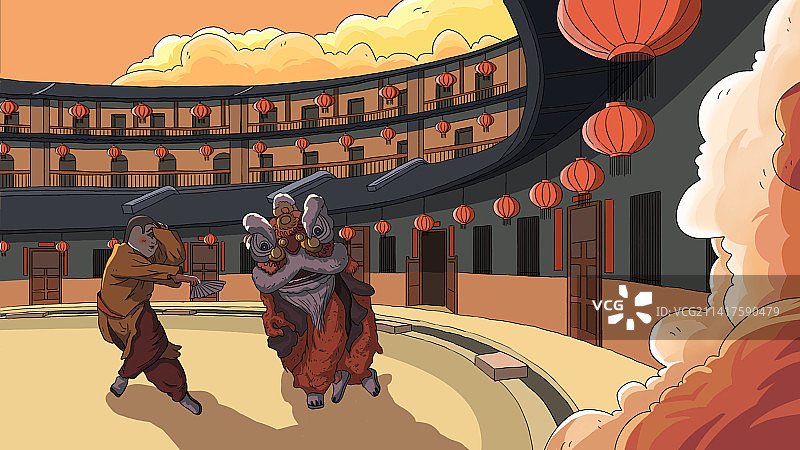 春节佳节 新春土楼建筑里舞狮子图片素材