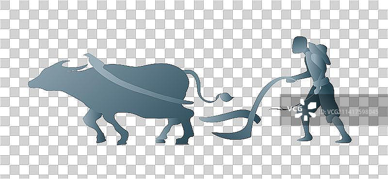 东方传统人物农民赤膊赶牛犁田的剪影图片素材