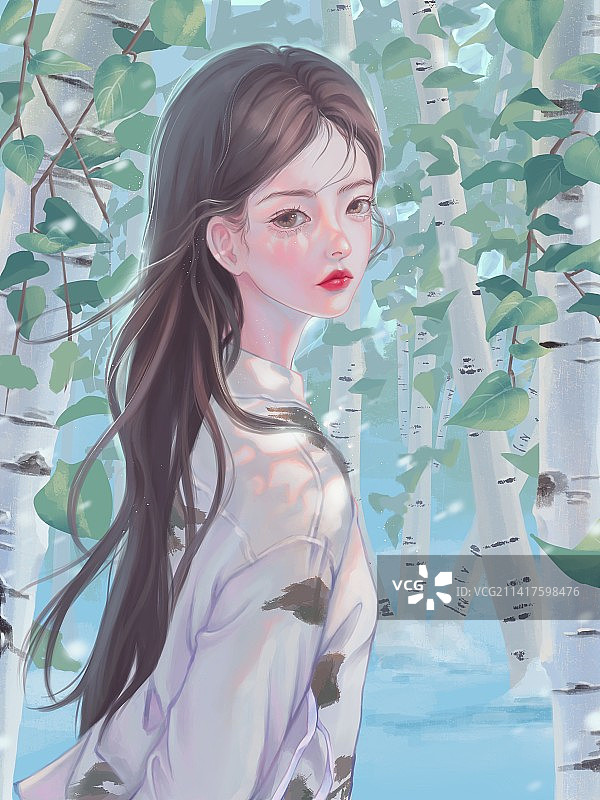 白桦树和美女图片素材