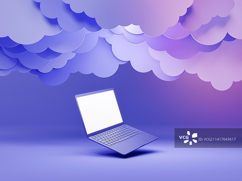 简约笔记本电脑与扁平云朵，罗马尼亚图片素材