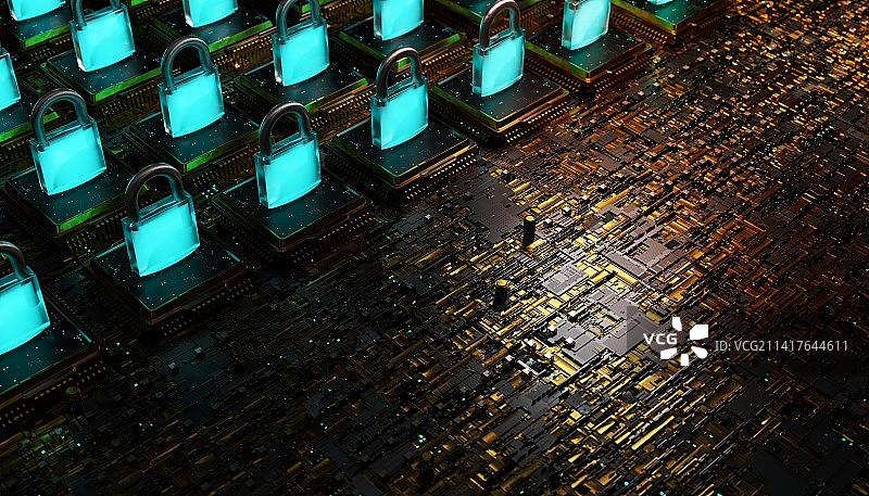 带有微芯片和发光锁的电子板，区块链概念，罗马尼亚图片素材